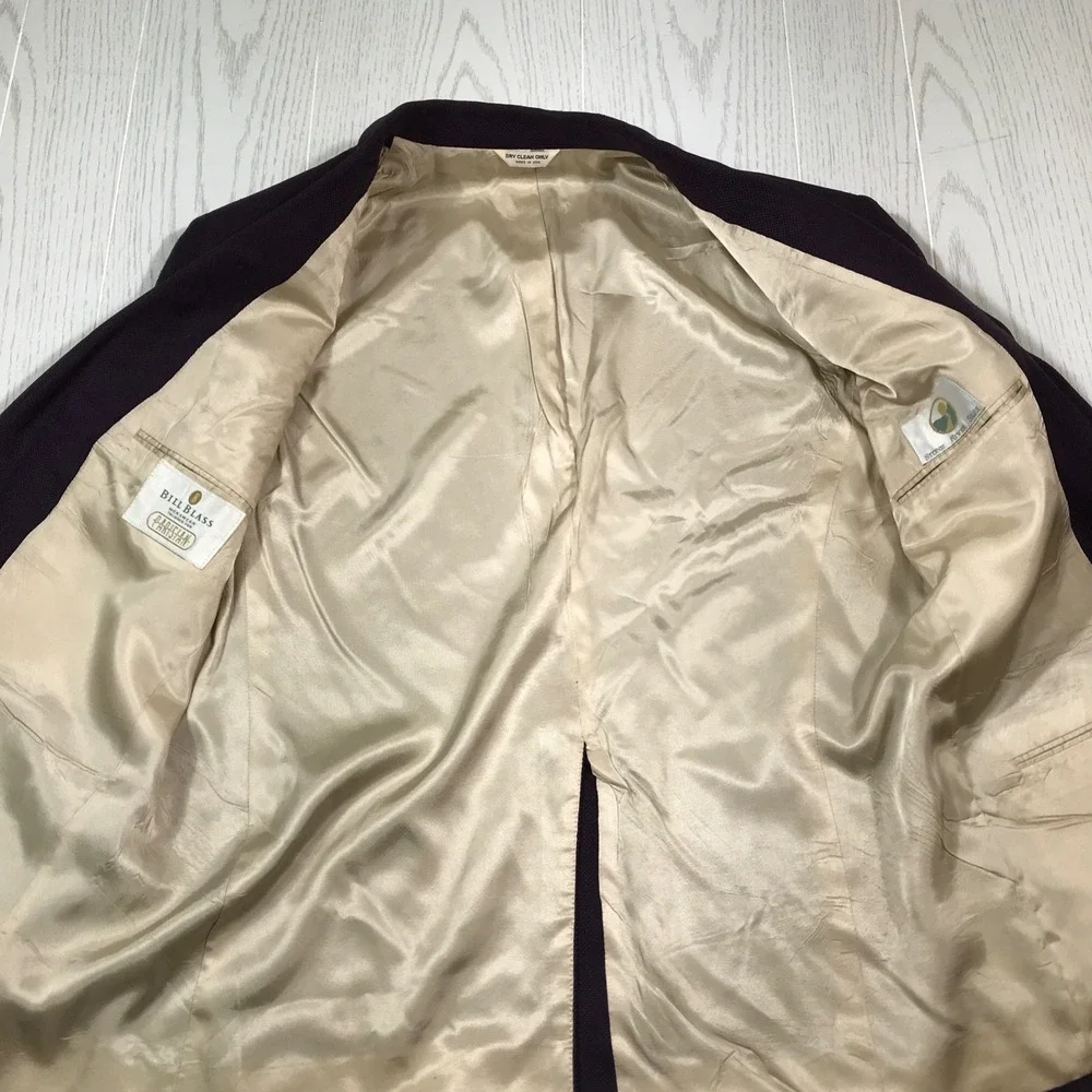 Vintage Bill Blass Silk Blazer Mens 44 Purple 2 Button Pockets Academia 80s
